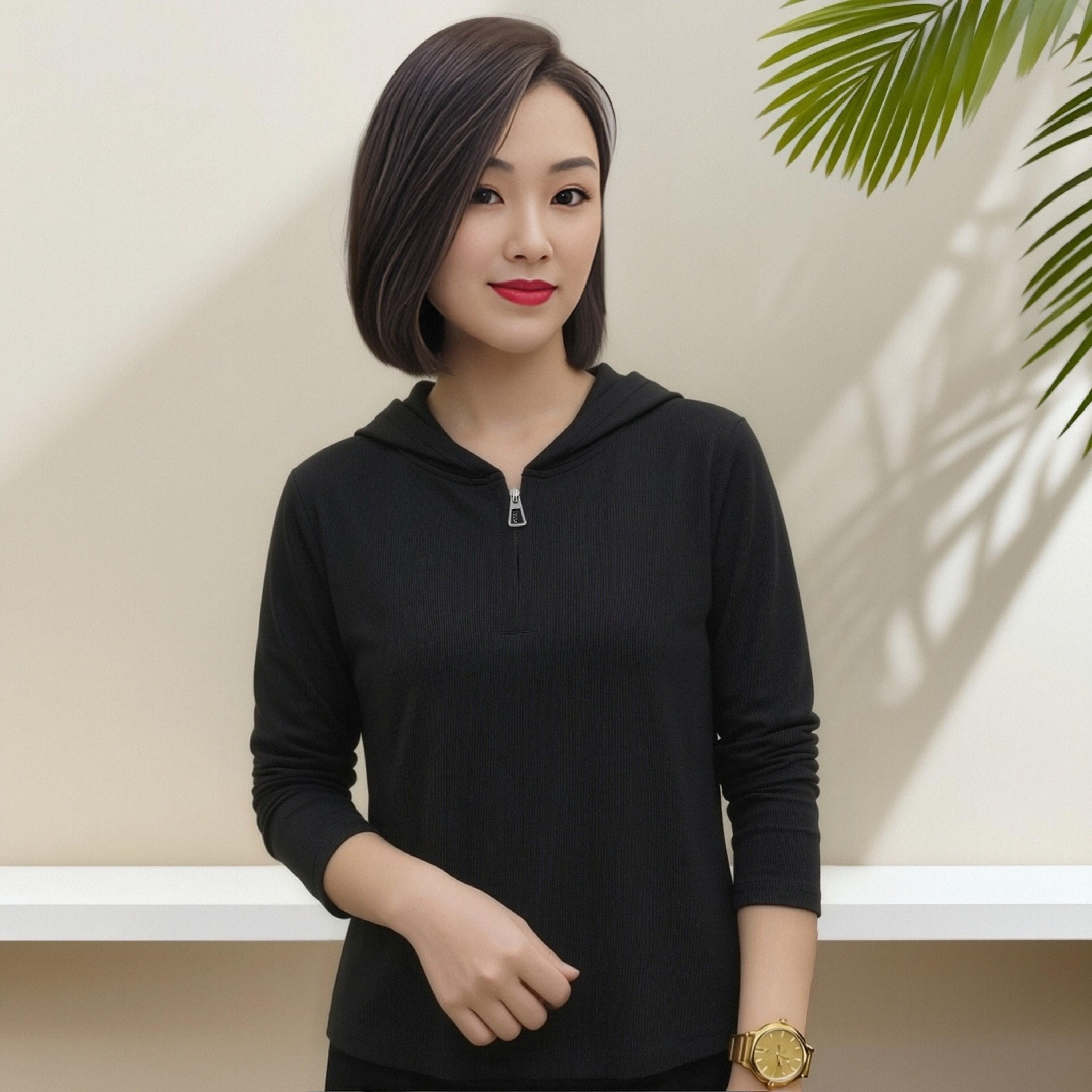 T恤女休闲拉链运动宽松百搭2026年春秋套头连帽长袖显瘦上衣女装.