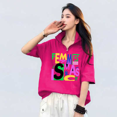 ins欧洲站印花半袖韩版拉链t恤