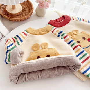 男宝宝毛衣加绒加厚卡通婴幼儿冬装2025新款男童针织内搭女童上衣