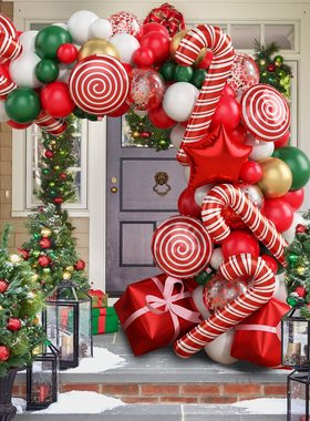 圣诞节红色礼物款拐杖糖果铝膜气球花环拱门背景布置场地氛围装饰