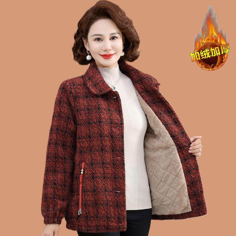 妈妈冬装加绒翻领仿水貂绒外套中老年人女装秋冬洋气格子毛呢上衣,女装/女士精品,中老年女装,淘宝优惠券,粉丝福利购,淘宝优惠卷
