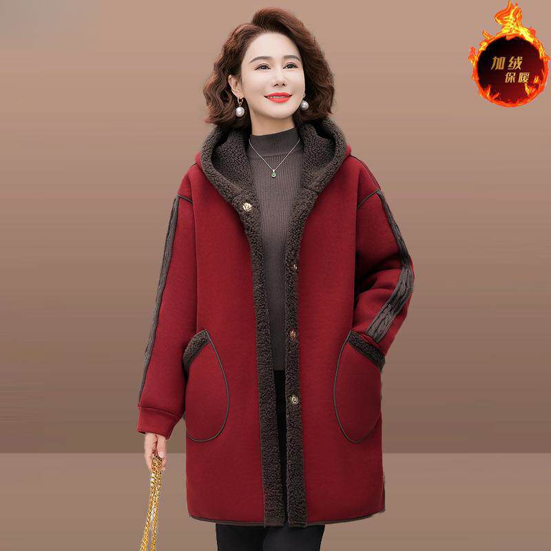 高档妈妈装冬季连帽羊羔绒外套中长款双面穿女式大码保暖毛呢大衣