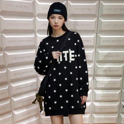 宽松绵少女风植绒印花卫衣裙加绒