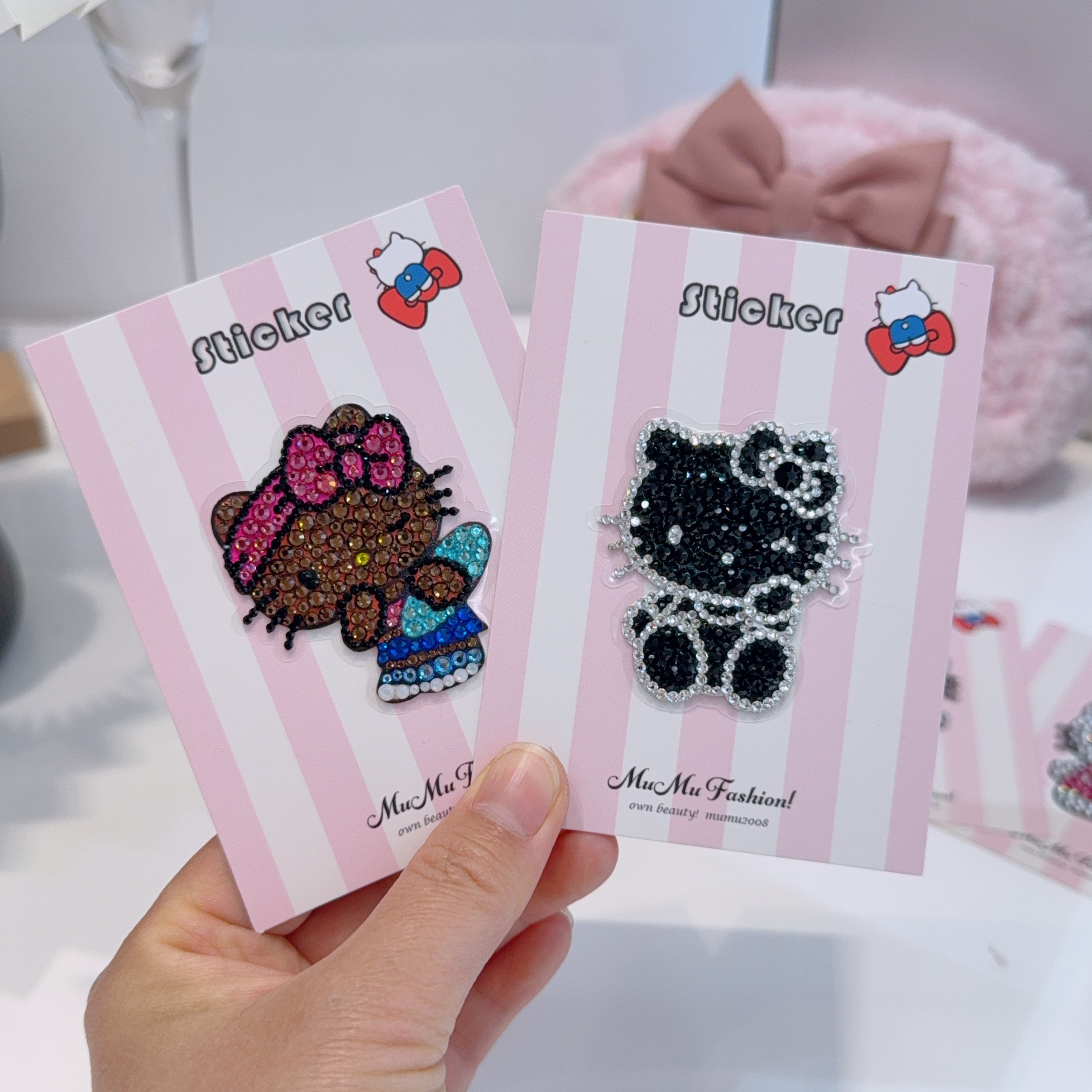 mumu饰品可爱卡通满钻Kitty猫水钻贴纸DIY手机壳手帐素材蝴蝶结