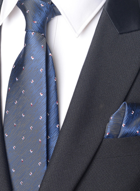 蓝色碎花领带男士商务正装8cm 韩版窄6cm 领结蝴蝶结 口袋巾套装