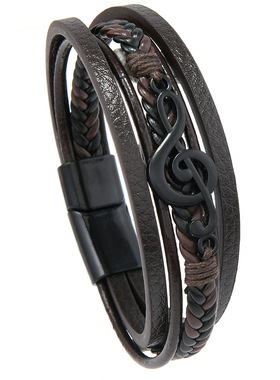 欧美热销新款男士饰品复古创意多层编织皮革手链个性黑色音符