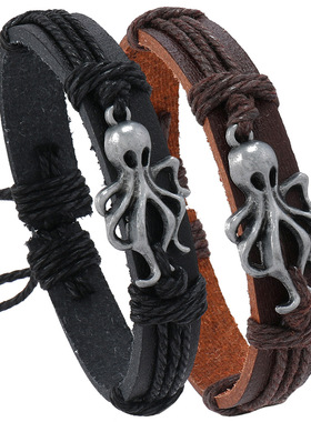 欧美跨境皮革手工编织男士手链简约创意潮汐沙滩海洋风复古手镯