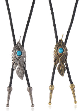 欧美热销配饰简约复古羽毛吊坠波洛领带项链长款可调节PU编织领带