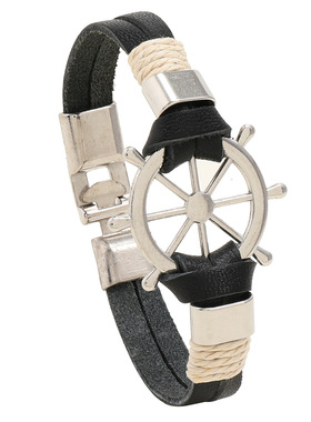 简约个性手工编织黑色男士手环航海风船舵牛皮手链跨境热销饰品