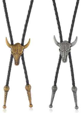 欧美跨境新款复古个性牛头皮革毛衣链 创意百搭休闲波洛领带项链