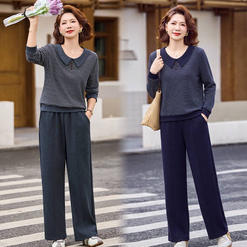 官方正品大码休闲妈妈套装女2026春秋装新款气质套头上衣阔腿裤宽