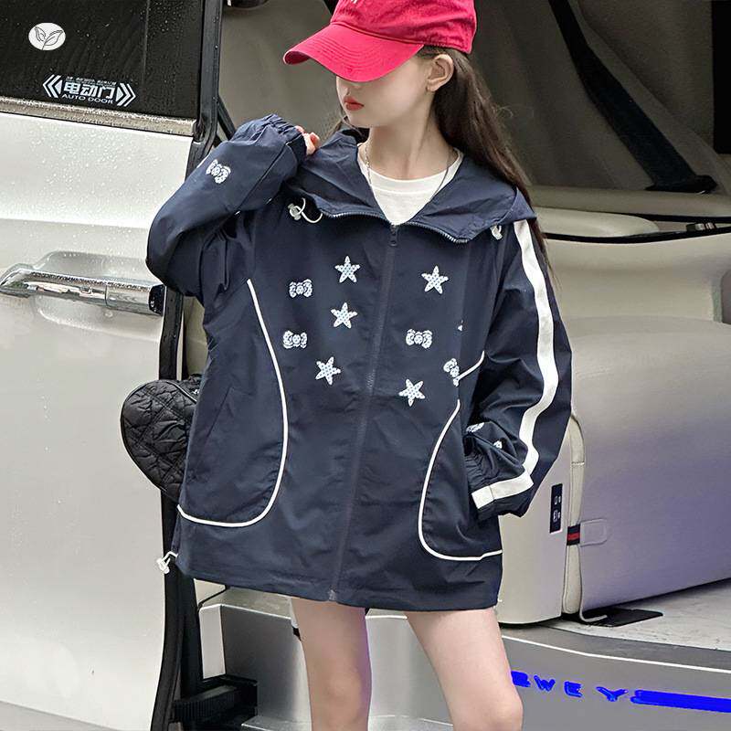 官方正品女童休闲外套2026年春季新款中大儿童星星连帽冲锋衣防水