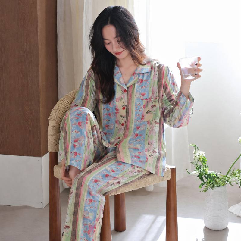 官方正品睡衣女春秋款纯棉长袖大码家居服四季可穿休闲复古花卉高