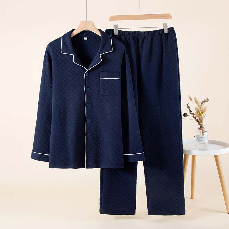 官方正品分销代发纯棉绉布男士家居服翻领纯色大格长袖长裤可外穿