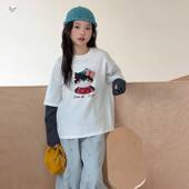 上衣中大童可爱撞 卡通印花长袖 官方正品 女童假两件T恤2026春新款