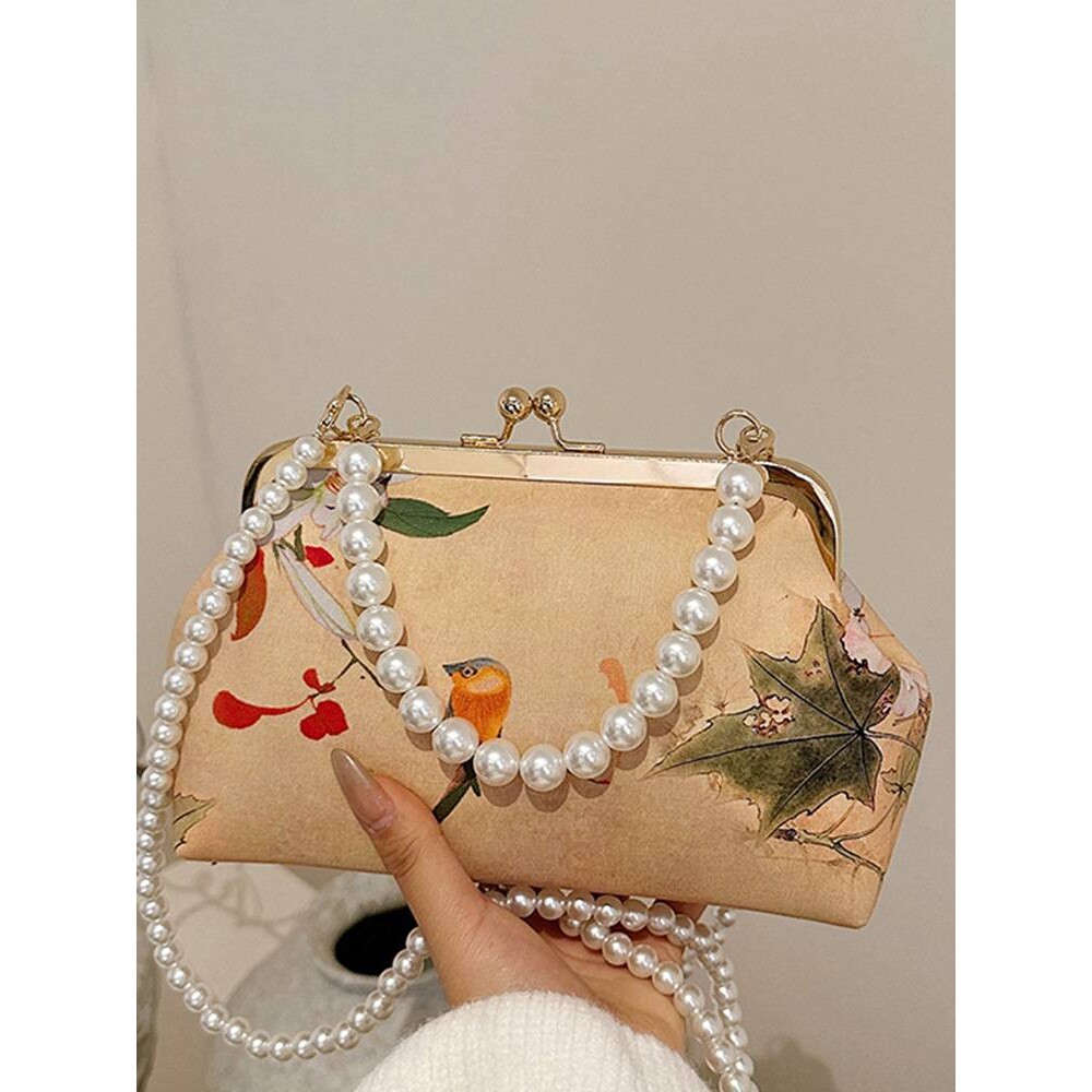 官方正品汉服刺绣旗袍包包女珍珠手提包新款荷花流苏包链条单肩斜