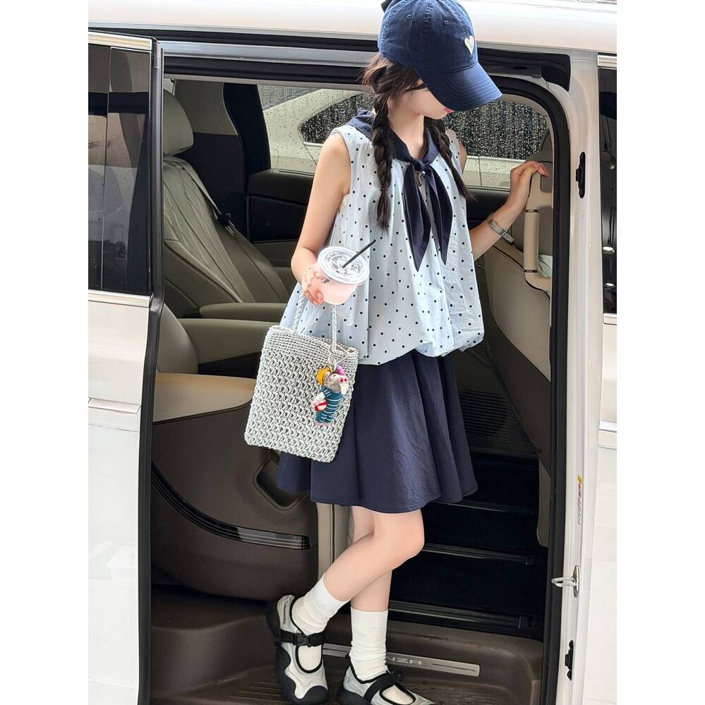 官方正品女童夏季无袖娃娃衫半身裙套装中大童女孩高级感背心儿童