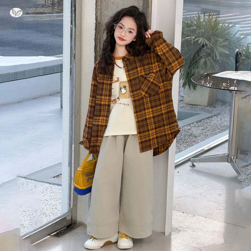 官方正品女童春装套装2026新款休闲格子衬衫卫裤三件套中大童撞色