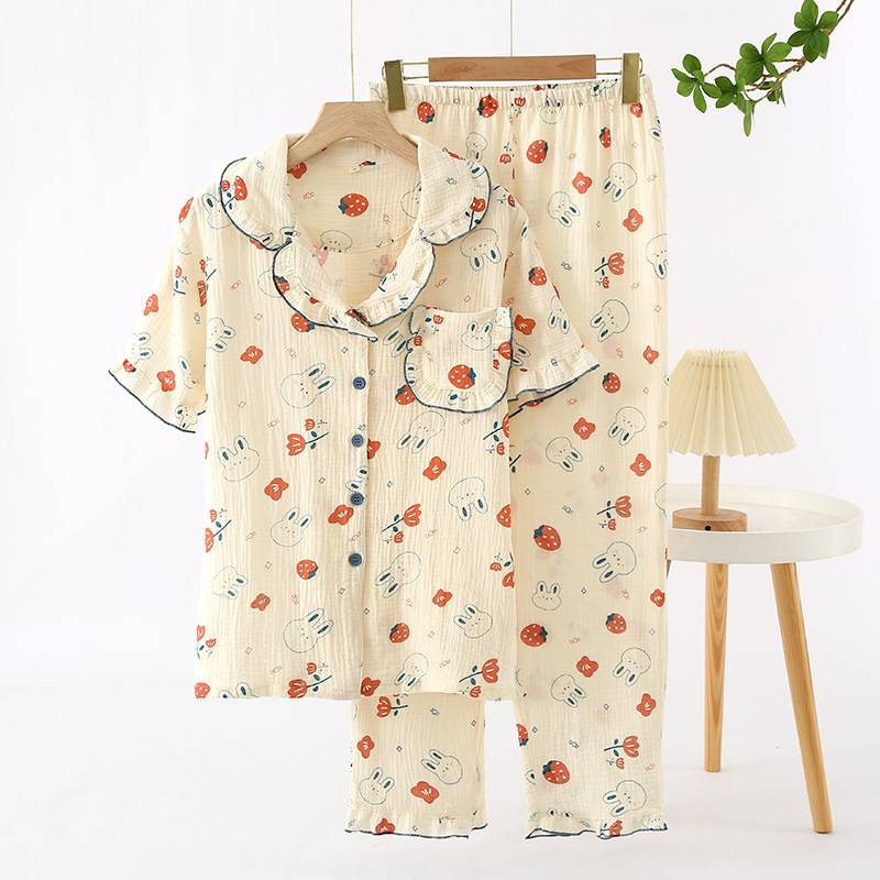 官方正品分销代发翻领草莓印花短袖长裤纯棉绉布女士家居服舒适可
