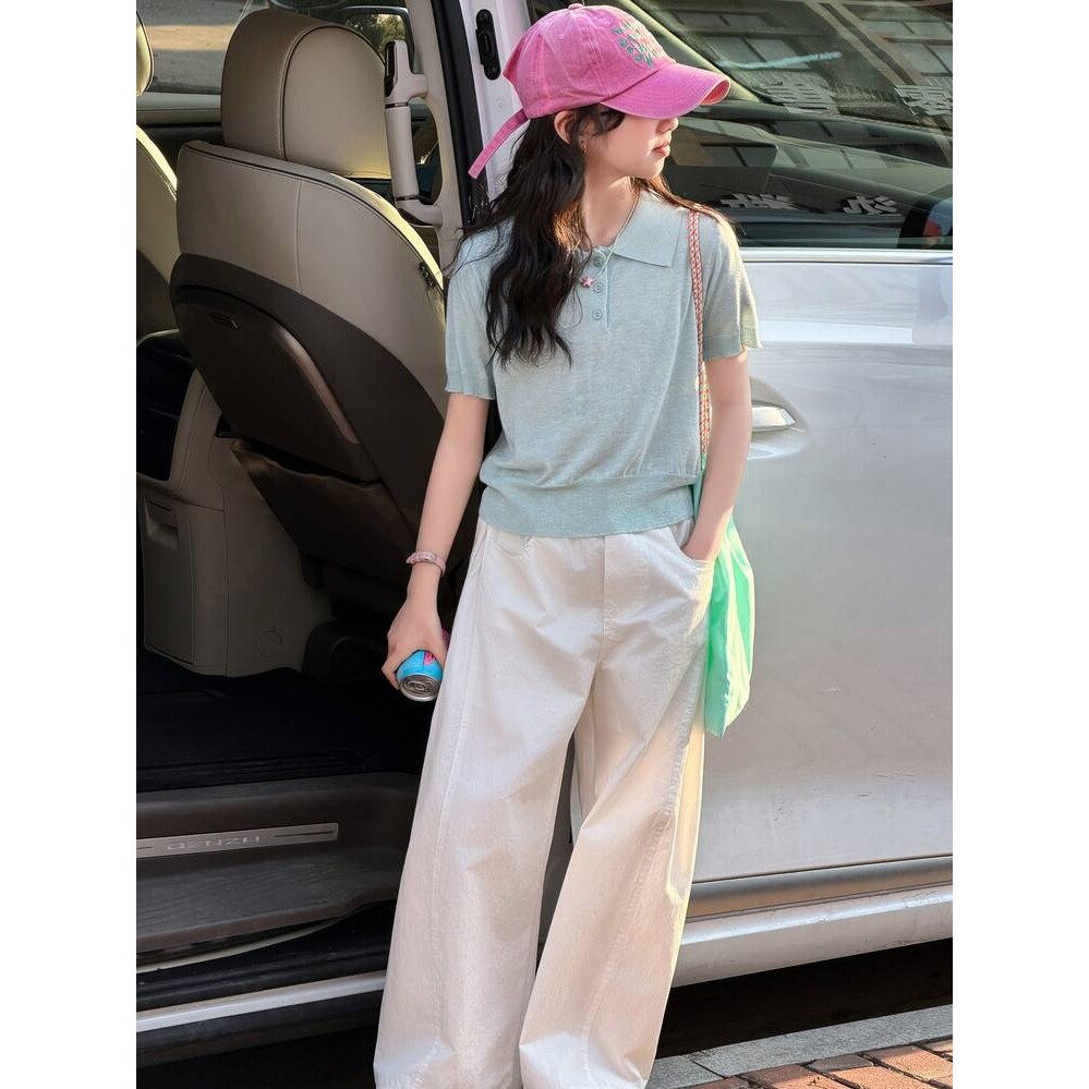 官方正品女童韩系条纹POLO衫阔腿裤套装女孩大童冰丝针织T恤休闲