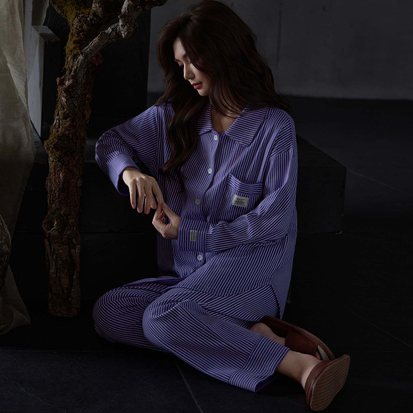 官方正品纯棉睡衣秋女款新款韩系条纹慵懒风高级感长袖家居服春秋