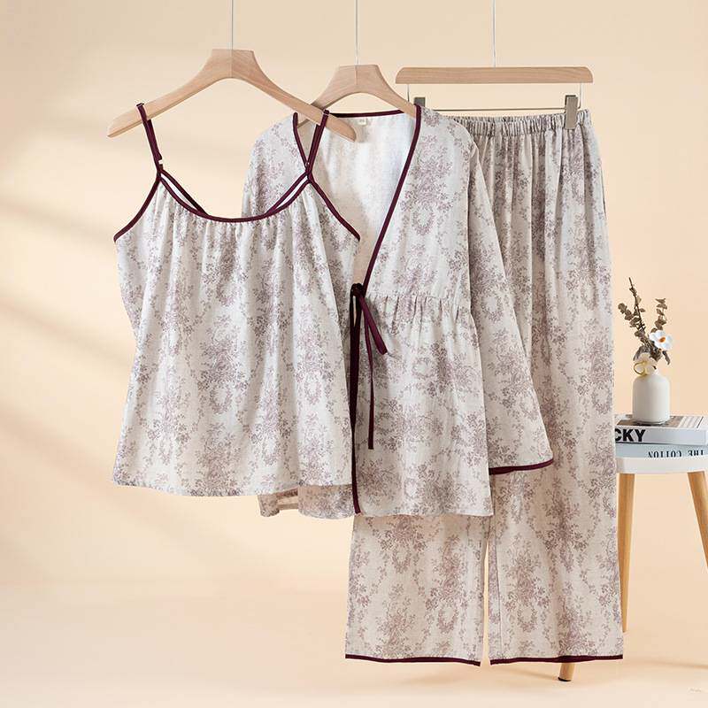 官方正品2026春新品睡衣女三件套秋季女士纯棉吊带休闲大码开衫家