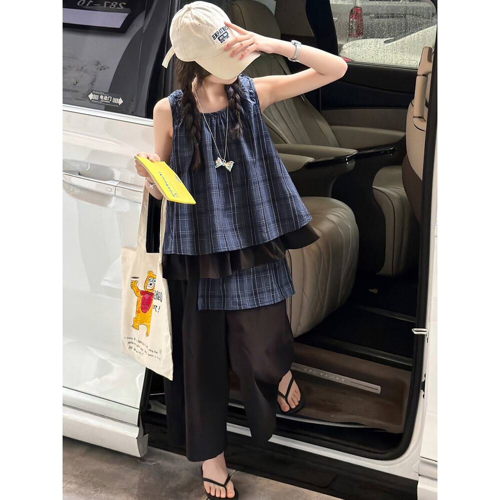官方正品女童夏季高级感套装2026新款女大童韩系格子娃娃衫儿童时
