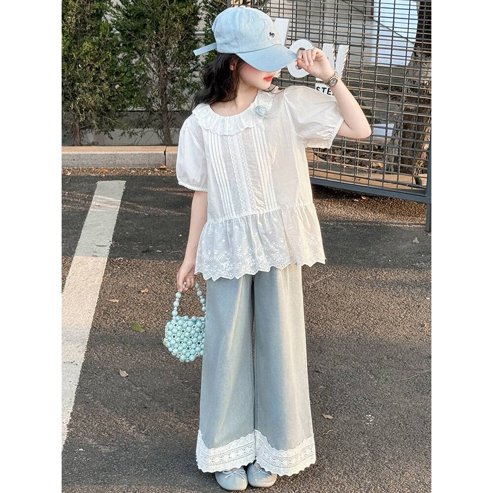 官方正品女童短袖娃娃衫套装夏季2026新款儿童夏装洋气时髦韩系大