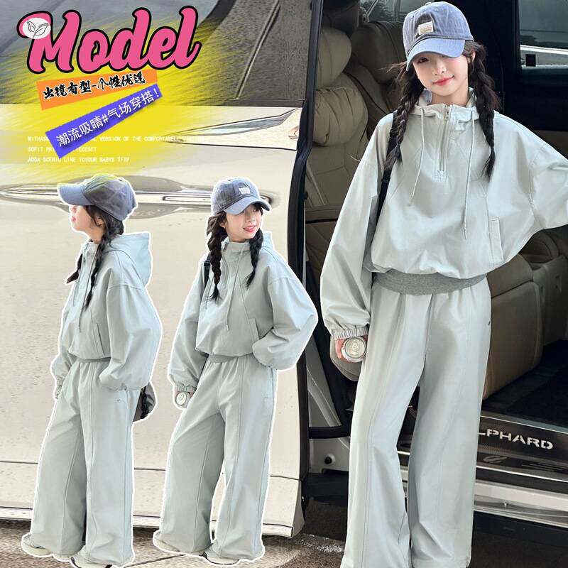 官方正品女童套装2026年春季新款中大童纯色连帽卫衣卫裤两件套休