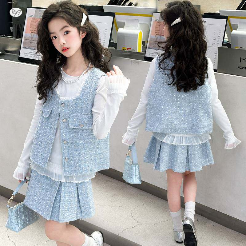 官方正品女童小香风套装2026年春季新款中大儿童韩系马甲百褶裙三