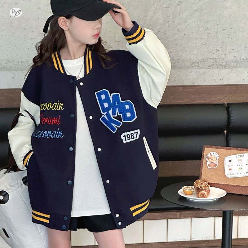 官方正品女童棒球服2026年春季新款中大童字母刺绣圆领外套撞色外
