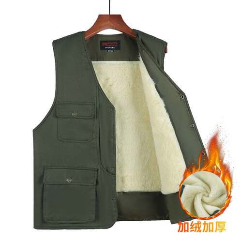 官方正品羊羔绒男士加绒保暖坎肩多口袋中老年外穿马甲男秋冬季爸