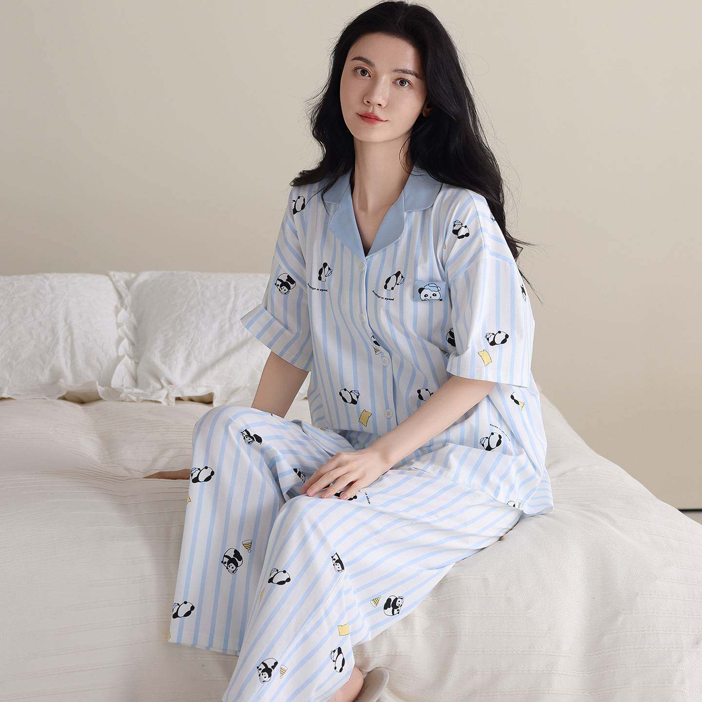 官方正品纯棉条纹睡衣女春夏季2026新款薄款短袖长裤时尚休闲可外