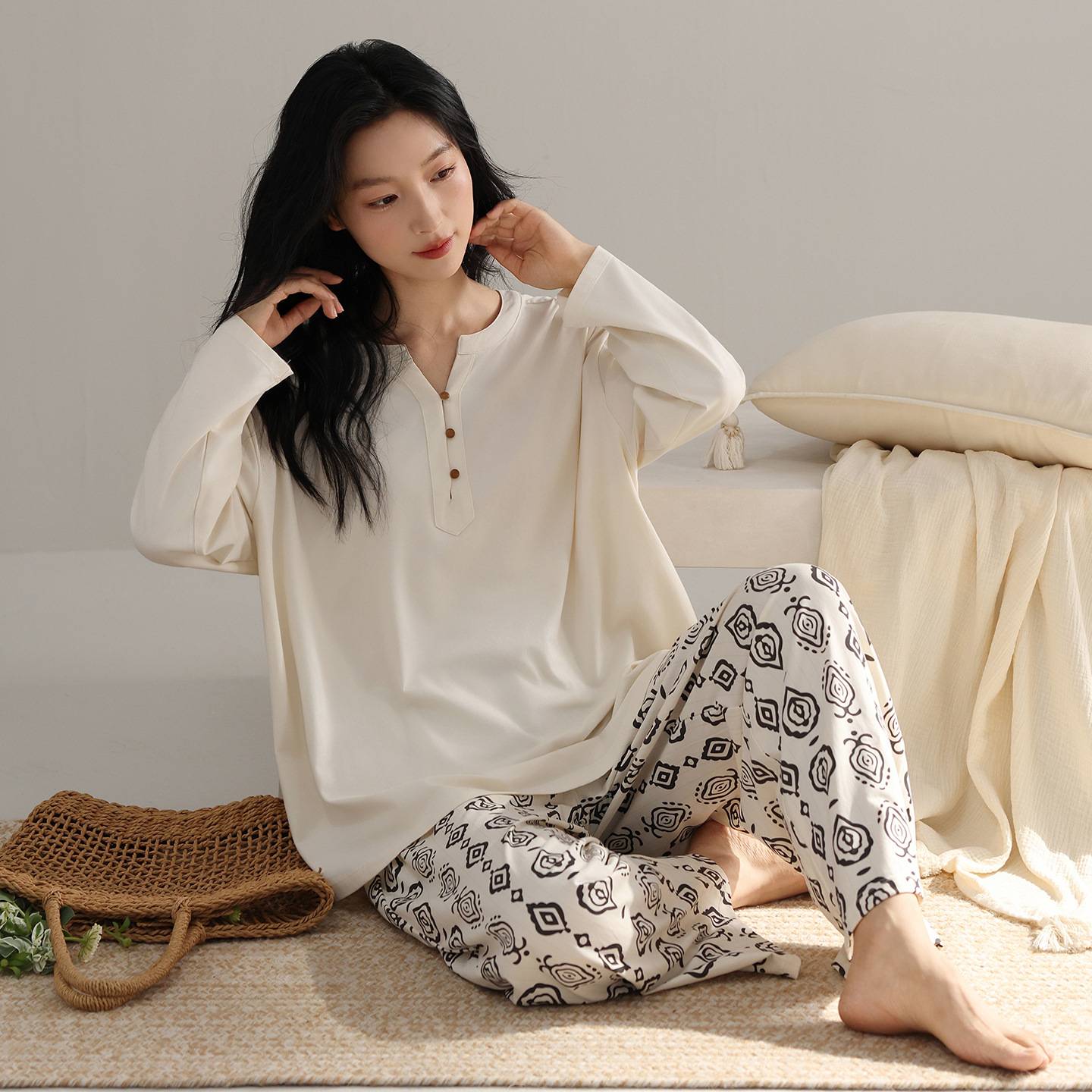 官方正品睡衣女春秋款小众少女柔软纯棉家居服休闲松弛感胖mm长袖