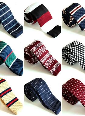 男士针织平头细窄领呔手打黑紫色花纹学生表演法式毛线领带