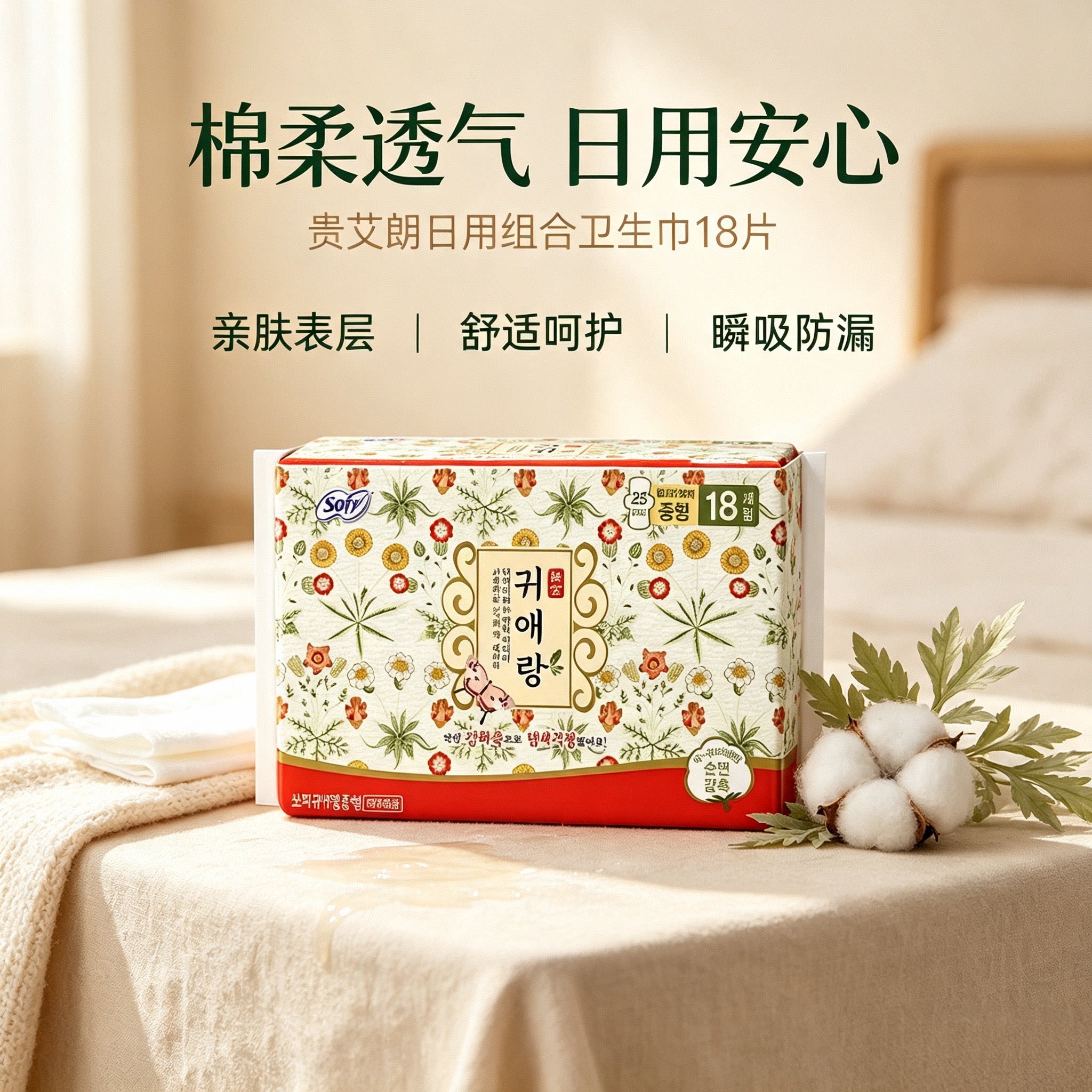 韩国贵爱娘中草药日用卫生巾棉柔超薄亲肤贵艾朗夜用姨妈巾护垫