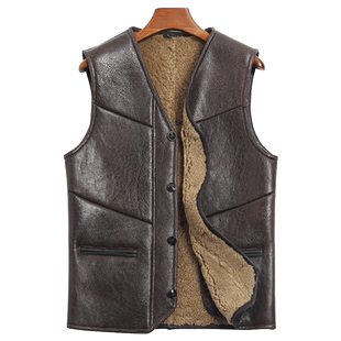 铄金冬季进口皮毛一体V领马甲真皮衣男款加厚马夹坎肩羊羔毛背心