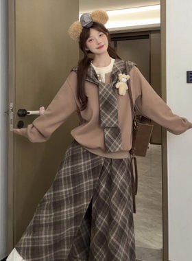 冬季加绒假两件格纹裙裤套装