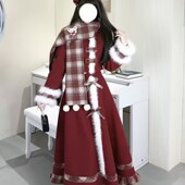 新年战袍秋冬甜美氛围套装 毛呢拼接格子围巾外套半身裙长裙三件套