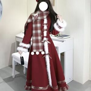 鹿珂珂新年战袍秋冬甜美氛围套装毛呢拼接格子围巾外套半身裙长裙三件套