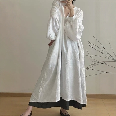 100%亚麻裙新中式v领连衣裙