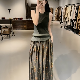 圆领无袖 2025春夏流苏下摆坑条纹真丝棉混纺针织衫 背心T恤上衣女