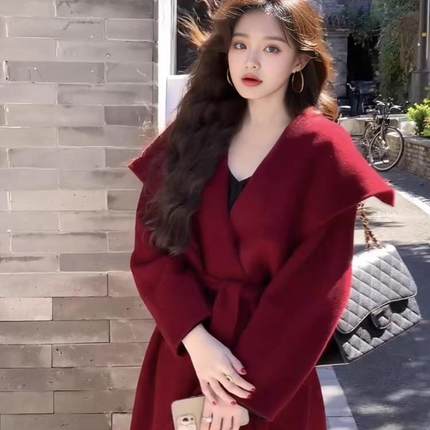 红色双面羊绒大衣大翻领女秋冬款高级感小个子穿搭中长款毛呢外套