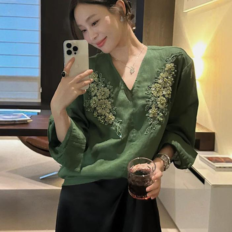 亚麻新中式玉簪绿珠片衬衫