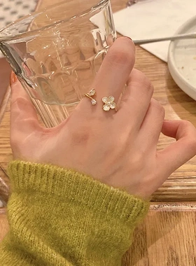 温柔气质花朵戒指女精致珍珠锆石韩国网红百搭开口可调食指戒指环