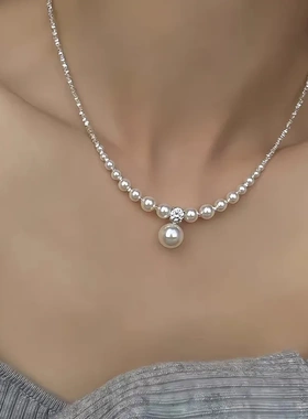 高级感碎银子金属珍珠项链女法式复古个性简约百搭气质颈链锁骨链