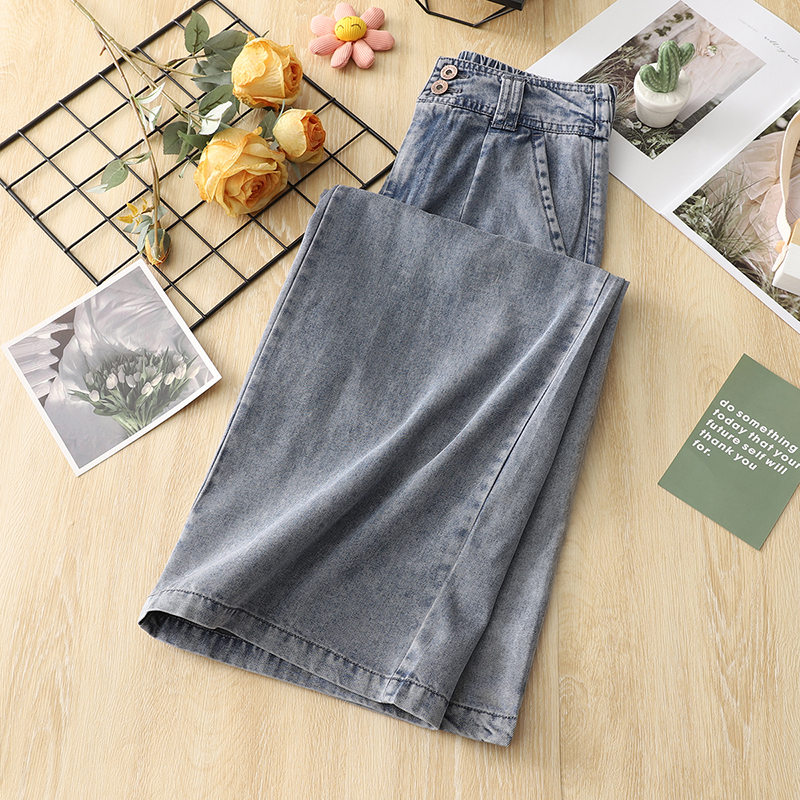 春夏装新款复古垂感天丝牛仔直筒裤女韩版百搭松紧高腰阔腿长裤子