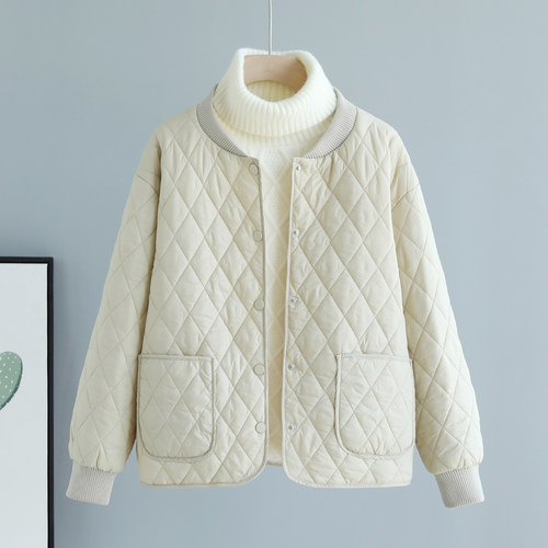 轻薄保暖立领菱形格宽松棉衣棉服