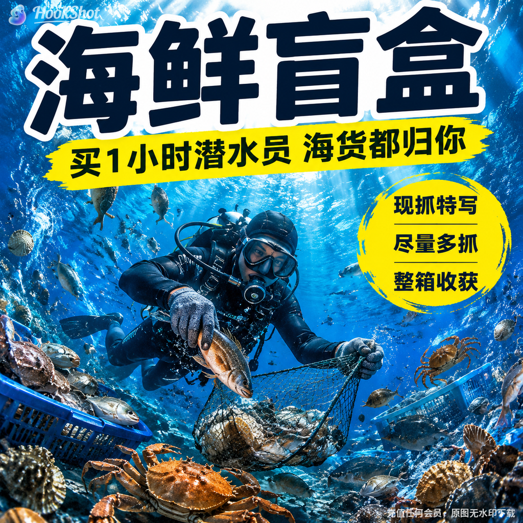 新鲜潜水海捕海鲜混搭鱼猎虾蟹贝生鲜家用聚餐食材随机海味盲盒箱