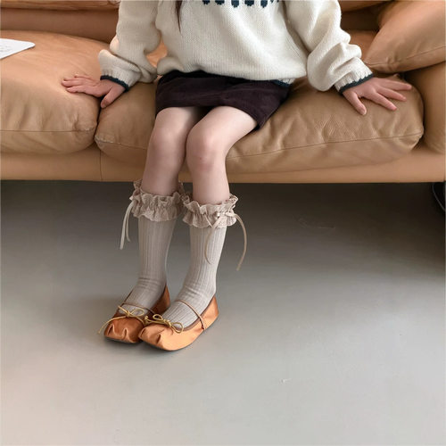 WB288秋季新款女童堆堆袜复古色韩版棉布花边蝴蝶结中筒袜堆堆袜